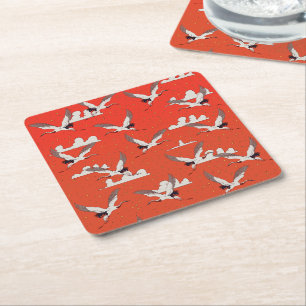 Red Asian Crane Pattern Rechteckiger Pappuntersetzer