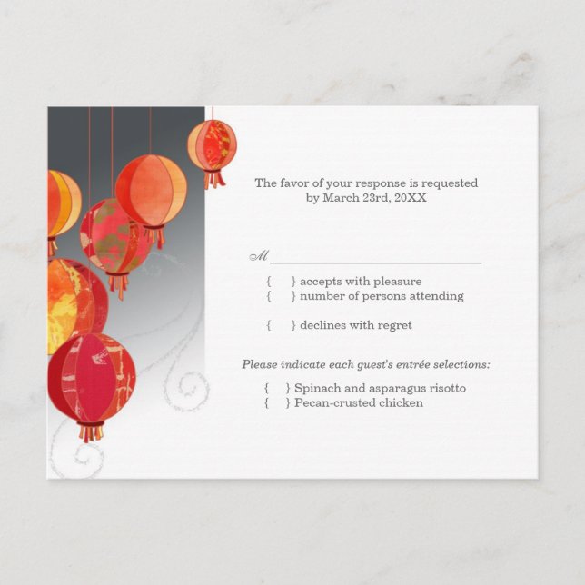 Red Asian Hanging Lanterns Wedding RSVP Einladungspostkarte (Vorderseite)