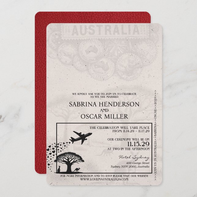 Red Australia Passport Wedding Einladung (Vorne/Hinten)