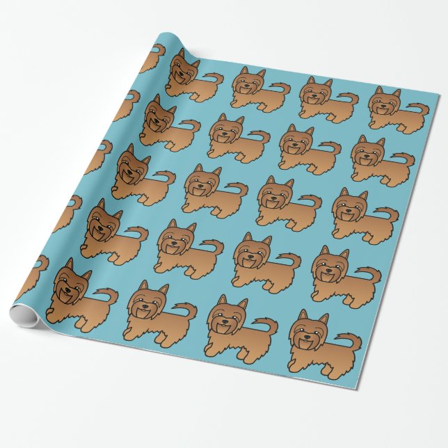 Red Australian Terrier Dog Pattern On Blue Geschenkpapier (Ungerollt)