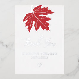 Red Autumn Maple Leaf Hochzeit Danke Silver Folieneinladung