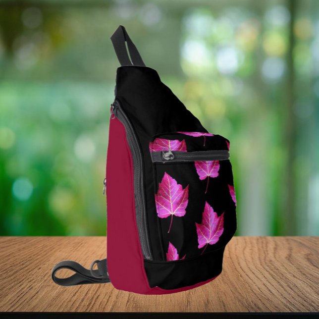 Red Autumn Maple Leaf Pattern on Black Background Crossbody Bag (In Situ)