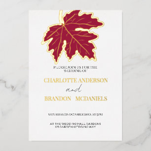 Red Autumn Maple Leaf Wedding Gold Folieneinladung
