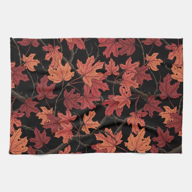 Red Autumn maple leaves on black Geschirrtuch (Horizontal)