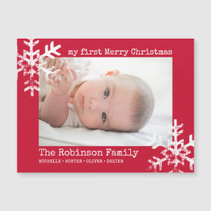 Red Baby Holiday First Christmas Foto Snowflakes Magnetkarte