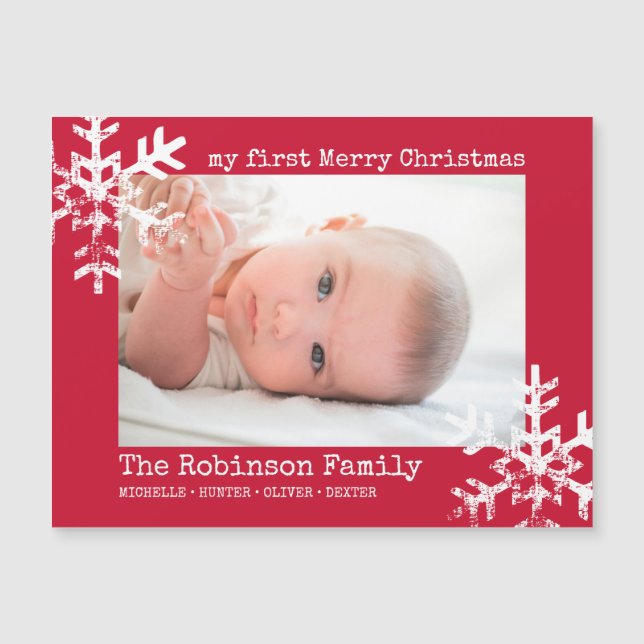 Red Baby Holiday First Christmas Foto Snowflakes Magnetkarte (Vorderseite)