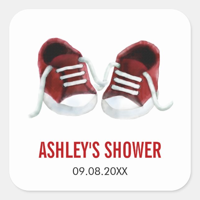 Red Baby Sneakers Baby Shower Sticker, Geschenketi Quadratischer Aufkleber (Vorderseite)