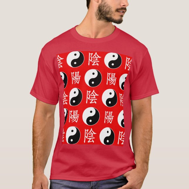 Red Background Chinesisches Yinyang-Muster T-Shirt (Vorderseite)