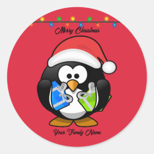 Red Background Pinguin, die Weihnachtsgeschenke ha Runder Aufkleber