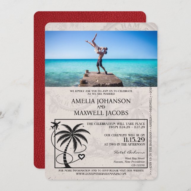 Red Bahamas Passport Hochzeitseinladung Einladung (Vorne/Hinten)