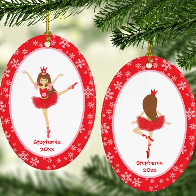 Red Ballerina Girl Keramik Ornament (Personalized Red Ballerina Snowflake Christmas Ceramic Ornament)