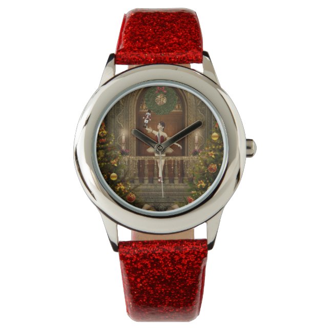 Red Ballerina und Nutcracker Glitzer Wrist Watch Armbanduhr (Vorderseite)