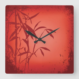 Red bamboo grunge square clock quadratische wanduhr