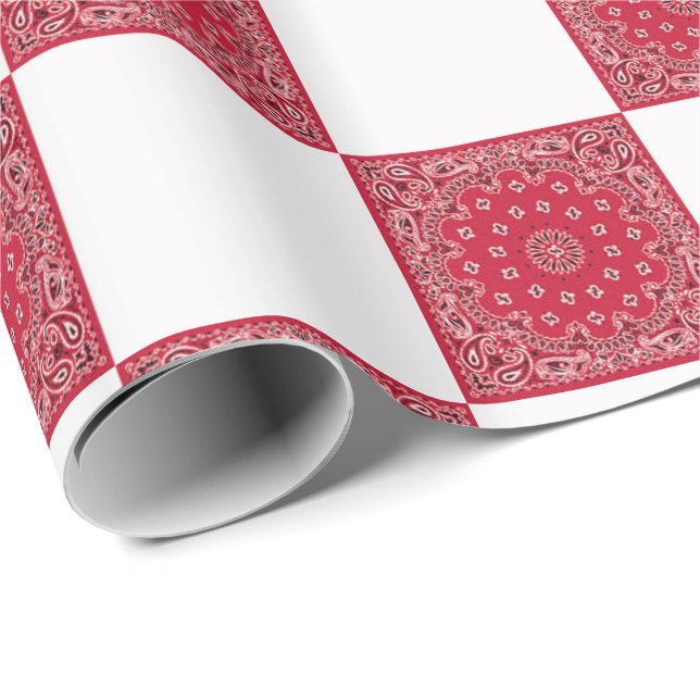 Red Bandana Print und weiße Blöcke Geschenkpapier (Rolleneckpunkt)