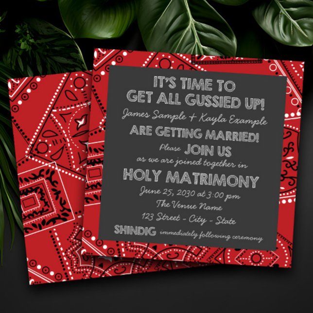 Red Bandana Rustic Country Chalkboard Wedding Einladung (Fun rustic cowboy red bandana wedding invitation. Simply add your details.)