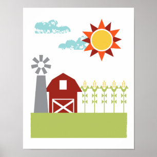Red barn and corn illustrated art print poster
