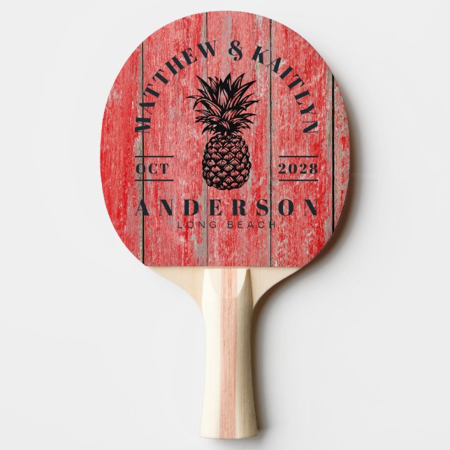 Red Barn Boards Tropical Pineapple Wedding Crest Tischtennis Schläger (Rückseite)