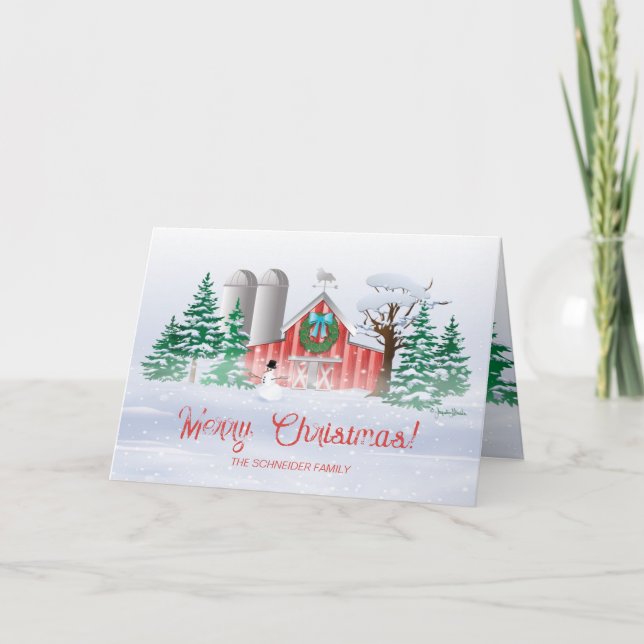Red Barn Christmas Wreath Snowman Feiertagskarte (Vorderseite)