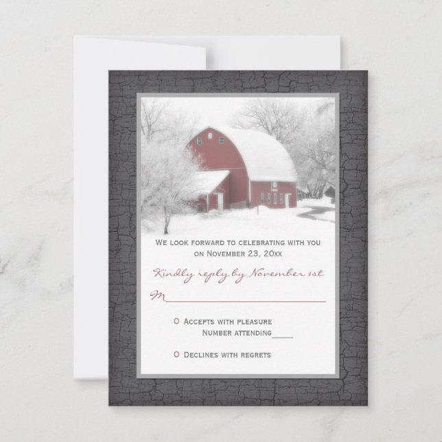 Red Barn im Winter Wedding RSVP Card Karte (Vorderseite)