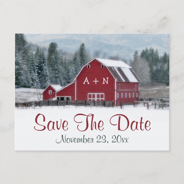 Red Barn im Winter Wedding Save the Date Post Card Ankündigungspostkarte (Vorderseite)