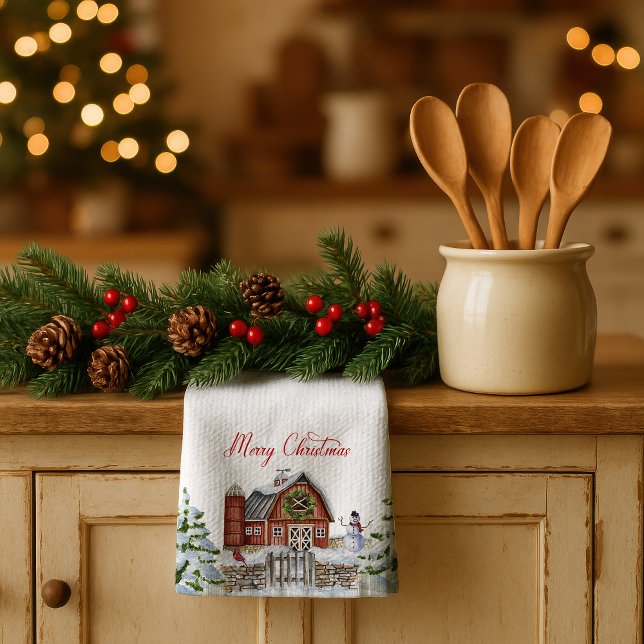 Red Barn Merry Christmas Snow Scene |  Geschirrtuch (Von Creator hochgeladen)