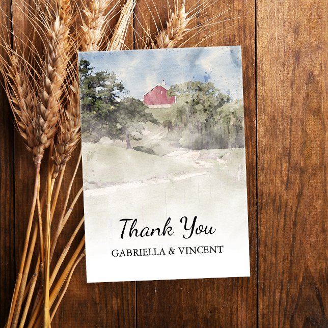 Red Barn on Hill Country Farm Wedding Dankeskarte (Show gratitude after your farm style bridal shower or wedding with this country barn thank you note.)