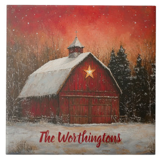 Red Barn & Snow Orange Winter Sunset Farmhouse Fliese