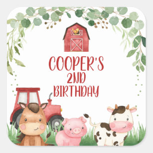 Red Barn Traktor Farm Birthday Favor Sticker