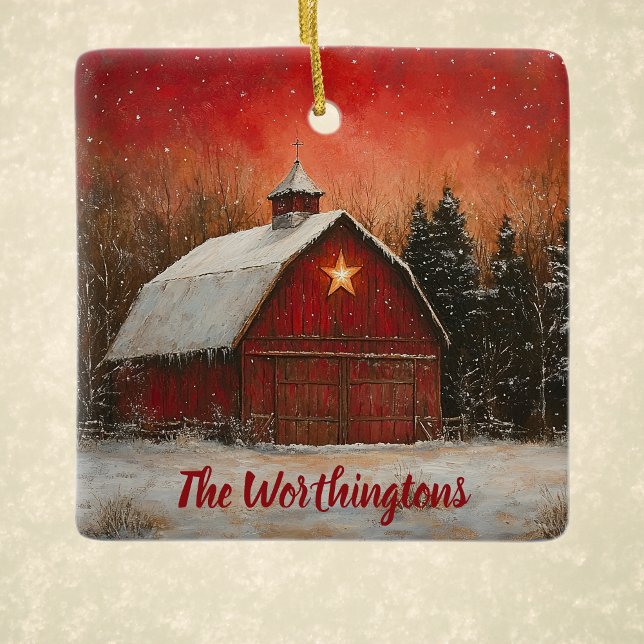 Red Barn with Star and Trees Farmhouse Monogram Keramikornament (Von Creator hochgeladen)