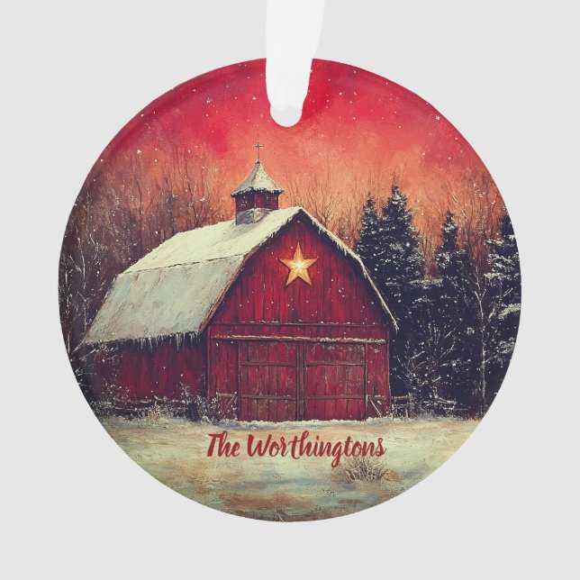 Red Barn with Star and Trees Farmhouse Monogram Ornament (Vorderseite)