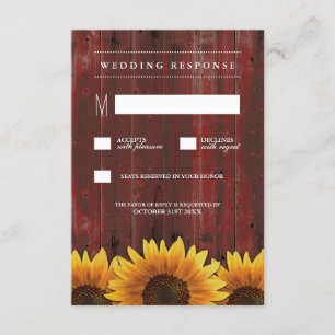 Red Barod Wood Rustic Sunflower Wedding RSVP Karte