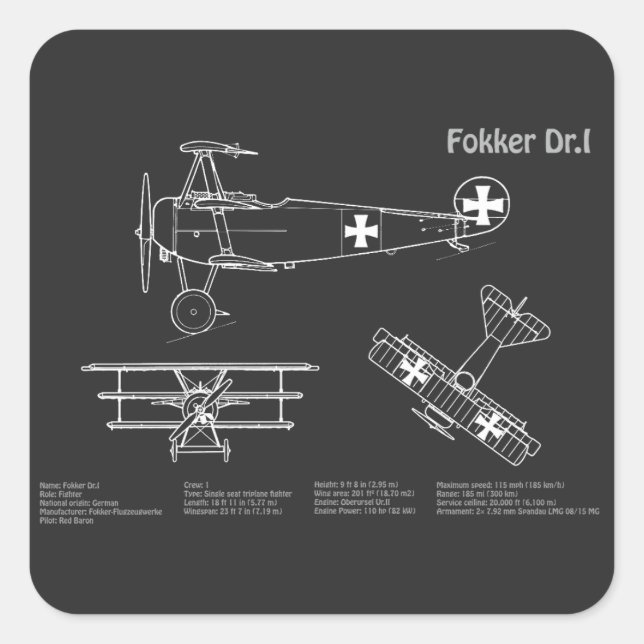 Red Baron Fokker Dr.1 - Airplane Blueprint PD Quadratischer Aufkleber (Vorderseite)