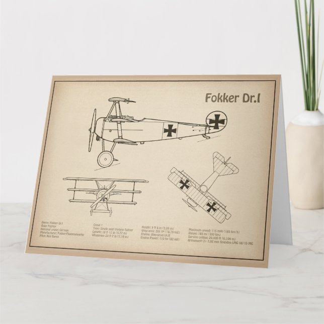 Red Baron Fokker Dr.1 - Airplane Blueprint SD Dankeskarte (Vorderseite)
