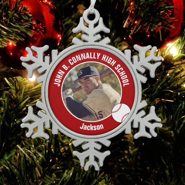 Red Baseball Player Photo Custom High School Schneeflocken Zinn-Ornament (Von Creator hochgeladen)