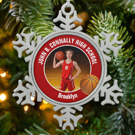 Red Basketball Player Photo Keepsake Gift Schneeflocken Zinn-Ornament