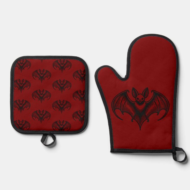 Red Bat Patterned Oven Mitt and Pot Holder Set (Vorderseite)