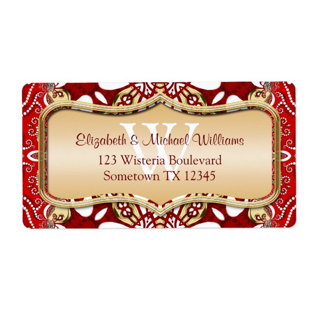 Red Batik Monogram Wedding Address Labels (Vorne)