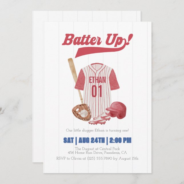 Red Batter Up Baseball First Birthday Invitation Einladung (Vorne/Hinten)