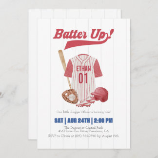 Red Batter Up Baseball First Birthday Invitation Einladung