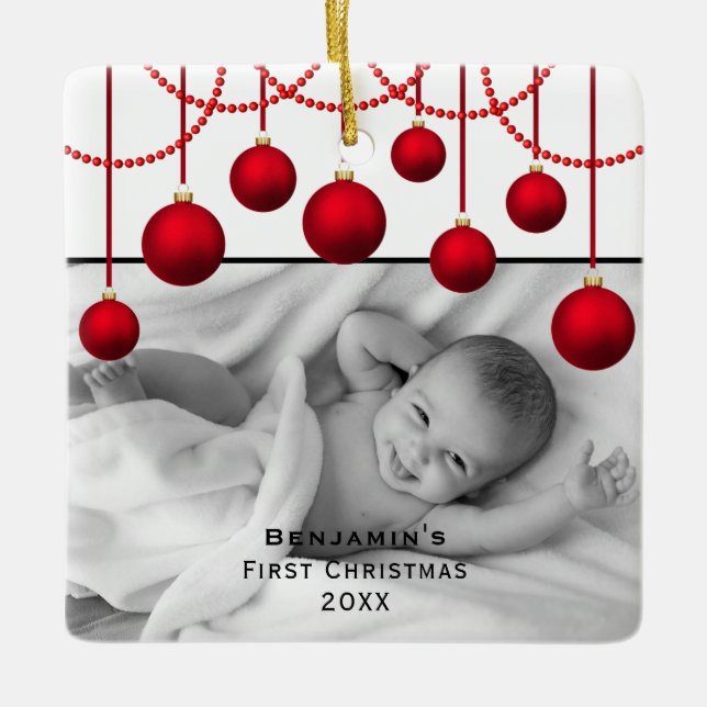 Red Bauble First Christmas Baby Foto Keramik Orna Keramikornament (Vorderseite)