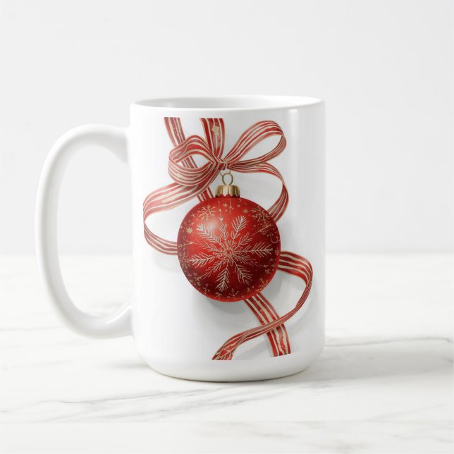 Red Bauble Ornament Gold Snowflake Ribbon Kaffeetasse (Links)