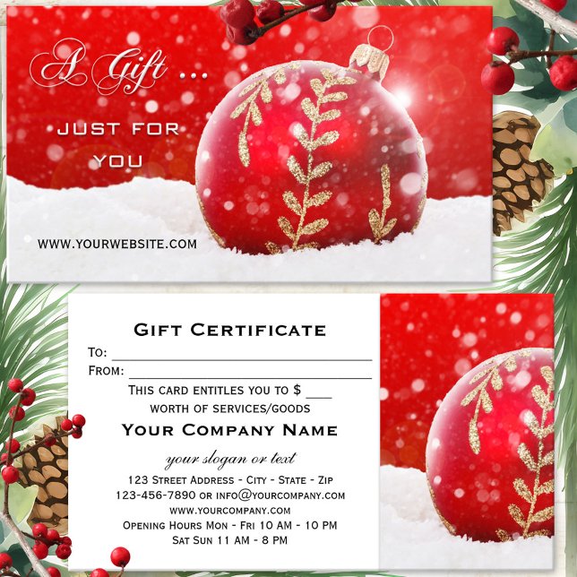Red Bauble Sparkling Snow Weihnachtskarte Rabattkarte (A festive gift certificate featuring a red Christmas bauble with sparkling snow)