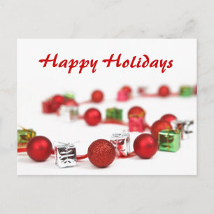 Red Baubles and Presses Curve Christmas Postcard Feiertagspostkarte