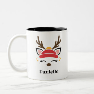Red Beanie Reindeer Face Personalisierter Name Hol Zweifarbige Tasse