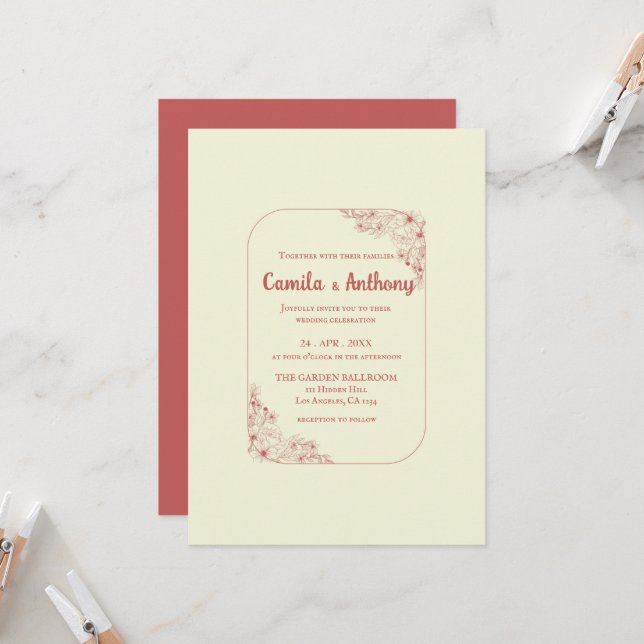 Red Beige Blume Border Boho Rustic Wedding Einladung (Vorderseite/Rückseite Beispiel)