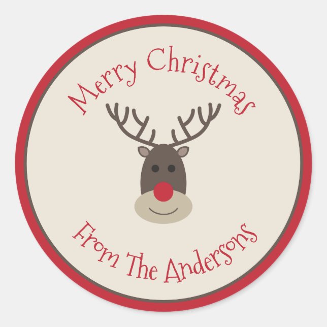 Red Beige Frohe Weihnachtssticker mit Rudolph Runder Aufkleber (Vorderseite)