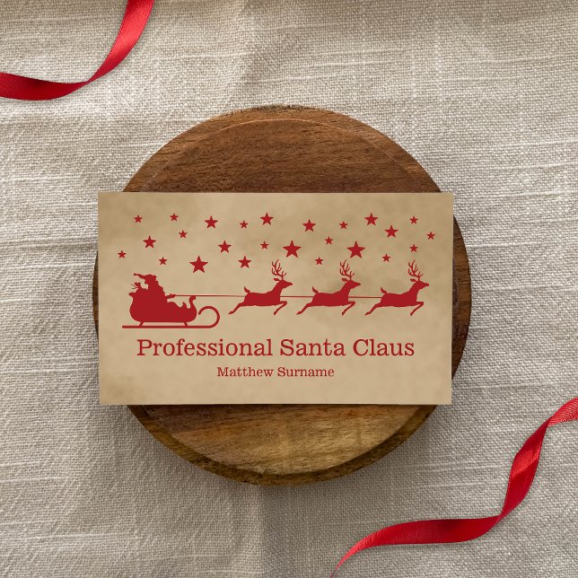 Red Beige Santa Sleigh Beruflicher Service Visitenkarte (Promote your Professional Santa Claus services with the help of this festive business card design.)