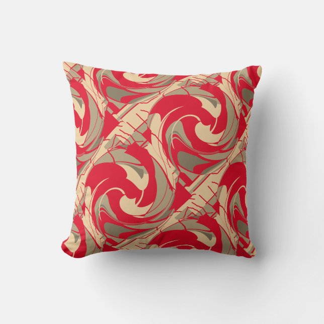 Red Beige Taupe Swirling Slanted Floral Art Design Kissen (Vorderseite)