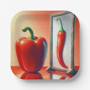 Red Bell Pepper sieht in einem Spiegel Pappteller