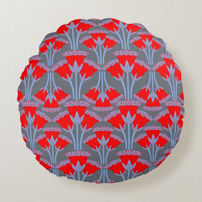 Red Bellflower Round Throw Pillow | One Owl Artist Rundes Kissen (Vorderseite)